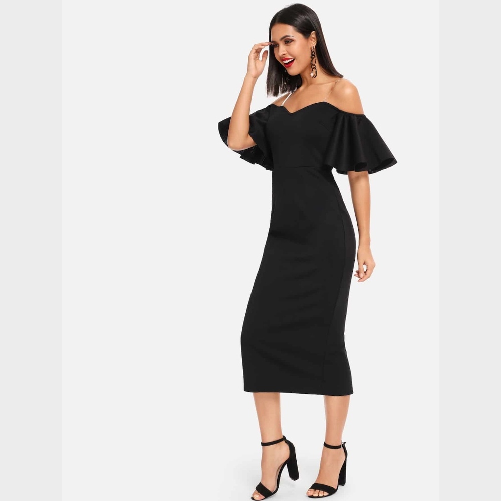 Off Shoulder Ruffle Detail Pencil Black Midi Dress - Picture 2 of 6